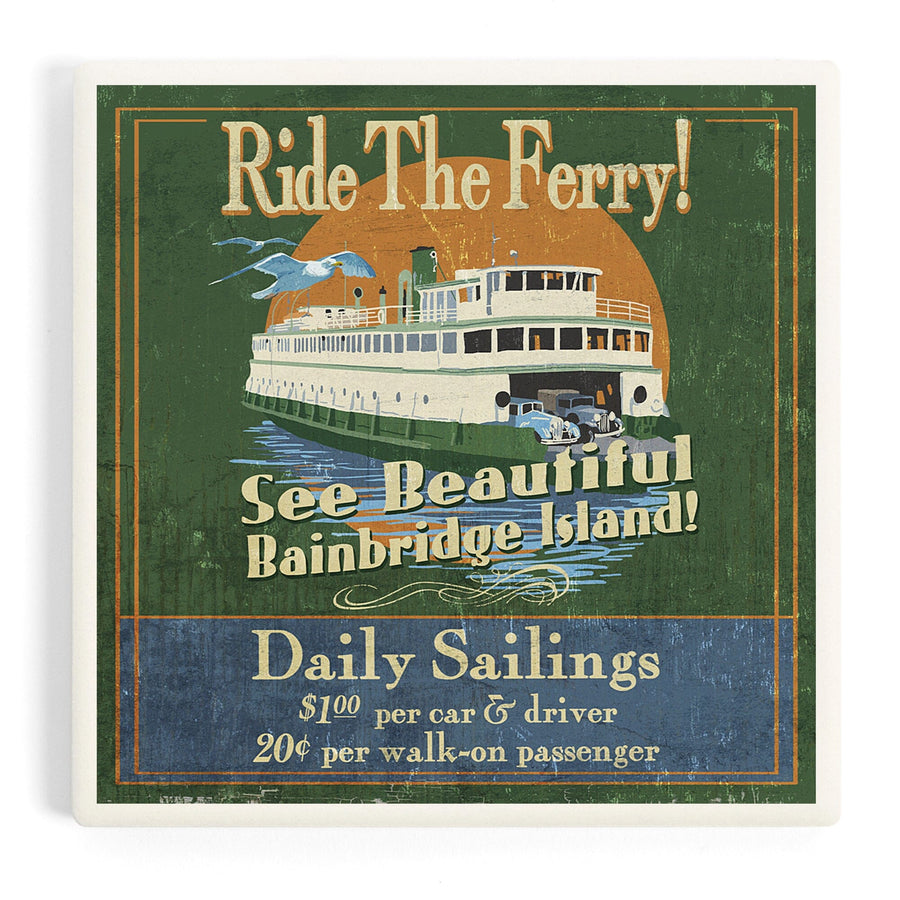 Bainbridge Island, Washington, Ferry Ride Vintage Sign, Coasters Coasters Lantern Press