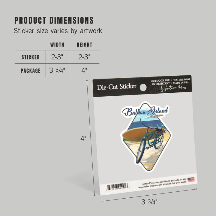 Balboa Island, California, Beach Cruiser on Beach, Contour, Lantern Press Artwork, Vinyl Sticker Sticker Lantern Press