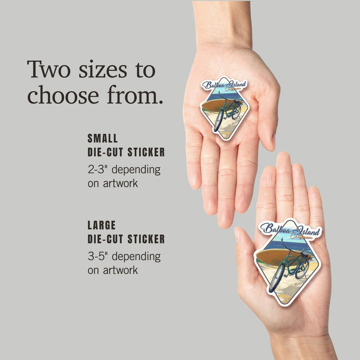 Balboa Island, California, Beach Cruiser on Beach, Contour, Lantern Press Artwork, Vinyl Sticker Sticker Lantern Press