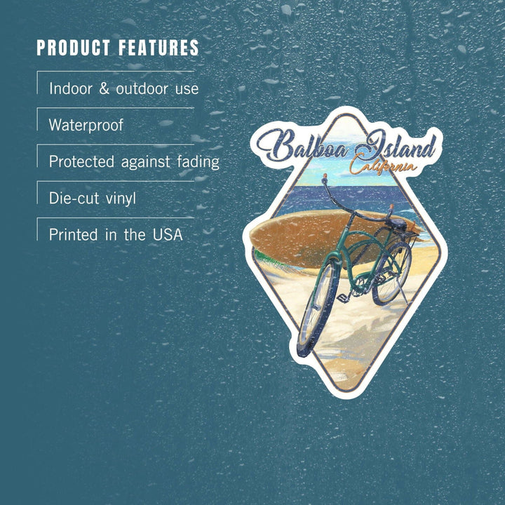 Balboa Island, California, Beach Cruiser on Beach, Contour, Lantern Press Artwork, Vinyl Sticker Sticker Lantern Press
