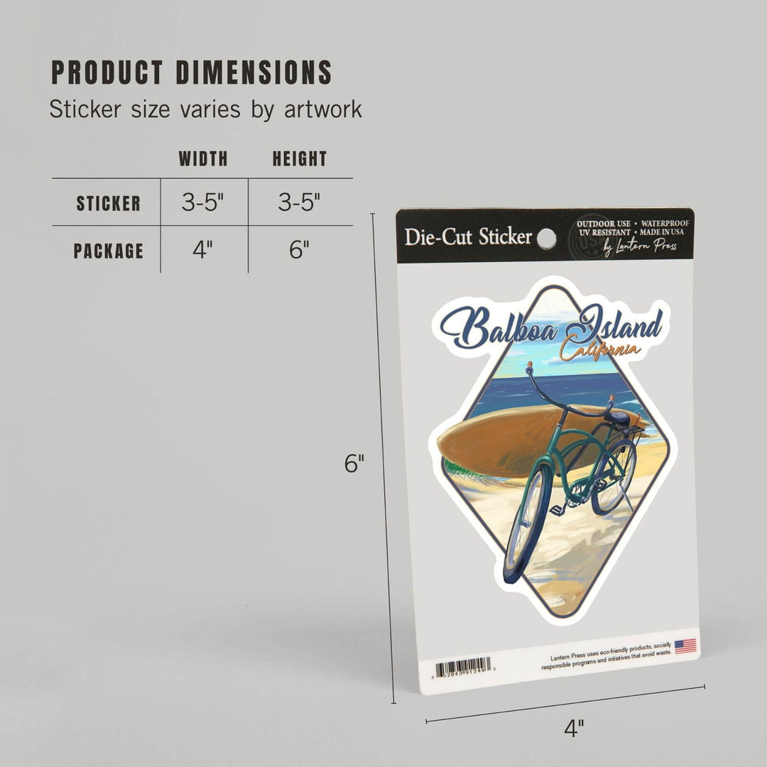 Balboa Island, California, Beach Cruiser on Beach, Contour, Lantern Press Artwork, Vinyl Sticker Sticker Lantern Press