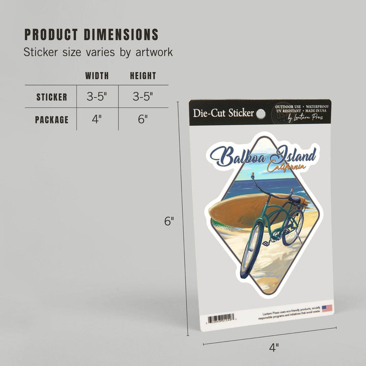 Balboa Island, California, Beach Cruiser on Beach, Contour, Lantern Press Artwork, Vinyl Sticker Sticker Lantern Press