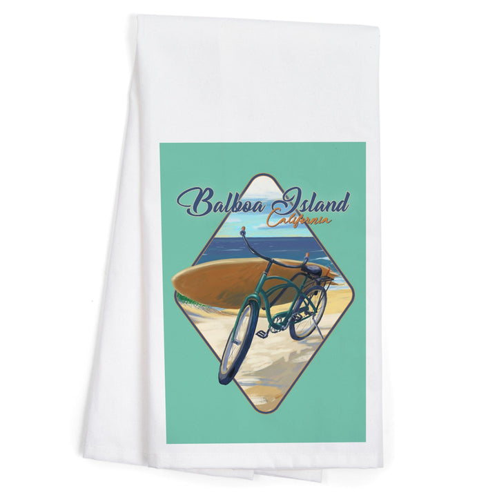 Balboa Island, California, Beach Cruiser on Beach, Contour, Organic Cotton Kitchen Tea Towels Kitchen Lantern Press