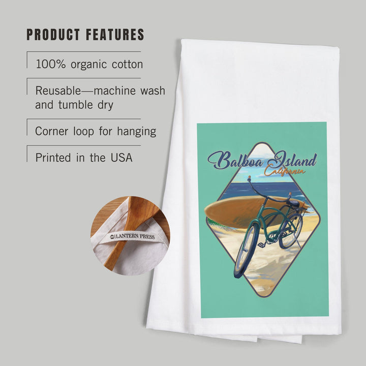 Balboa Island, California, Beach Cruiser on Beach, Contour, Organic Cotton Kitchen Tea Towels Kitchen Lantern Press