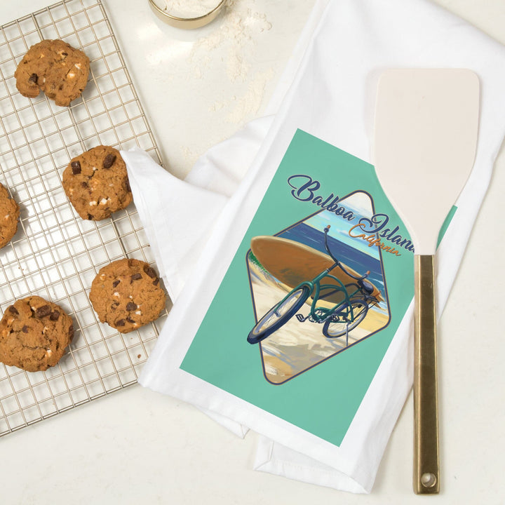 Balboa Island, California, Beach Cruiser on Beach, Contour, Organic Cotton Kitchen Tea Towels Kitchen Lantern Press