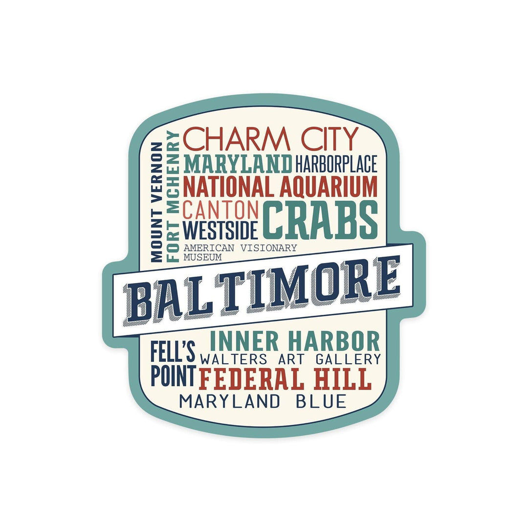 Baltimore, Maryland, City Typography, Contour, Lantern Press Artwork, Vinyl Sticker Sticker Lantern Press