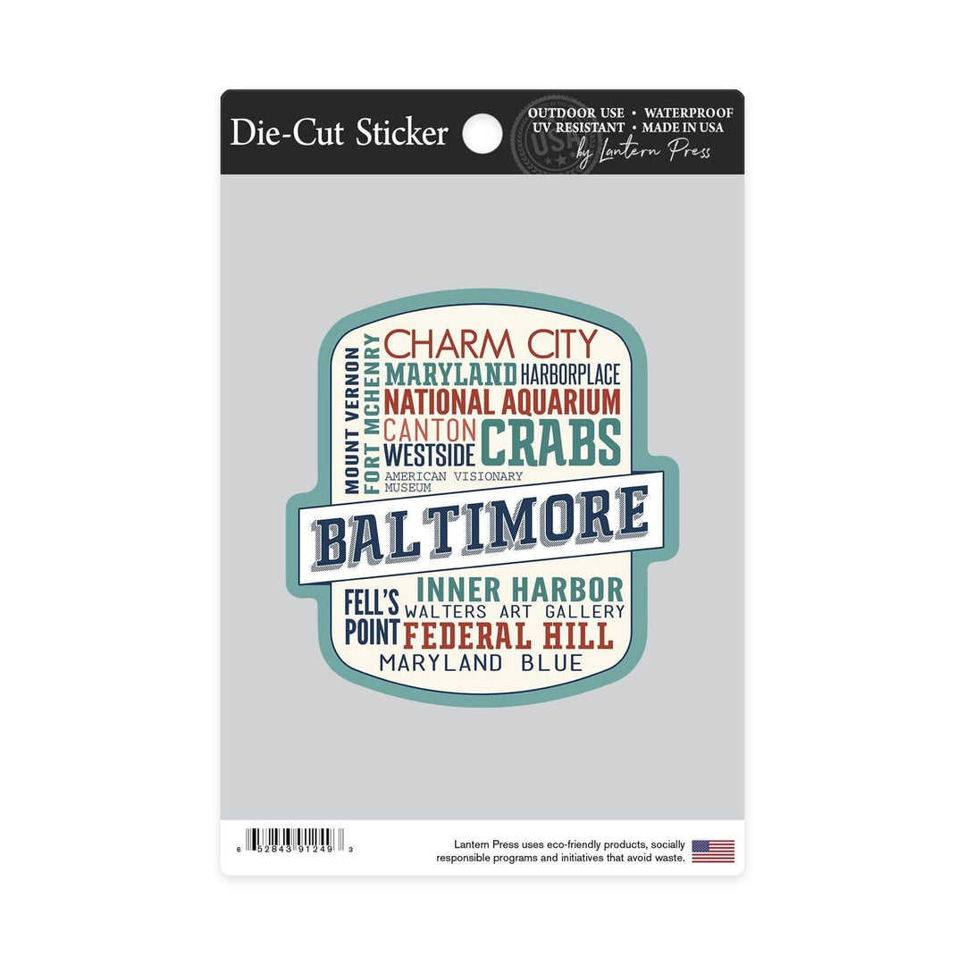 Baltimore, Maryland, City Typography, Contour, Lantern Press Artwork, Vinyl Sticker Sticker Lantern Press