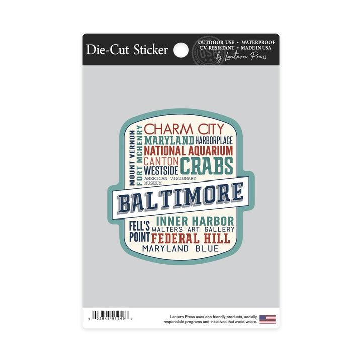 Baltimore, Maryland, City Typography, Contour, Lantern Press Artwork, Vinyl Sticker Sticker Lantern Press