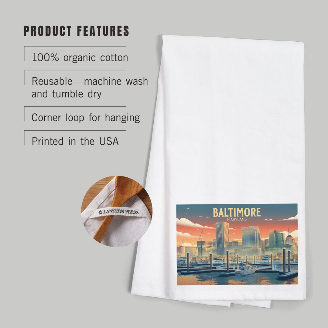 Baltimore, Maryland, Lithograph, City Series, Organic Cotton Kitchen Tea Towels Kitchen Lantern Press