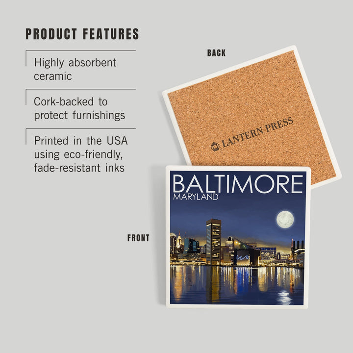 Baltimore, Maryland, Skyline at Night, Coasters Coasters Lantern Press