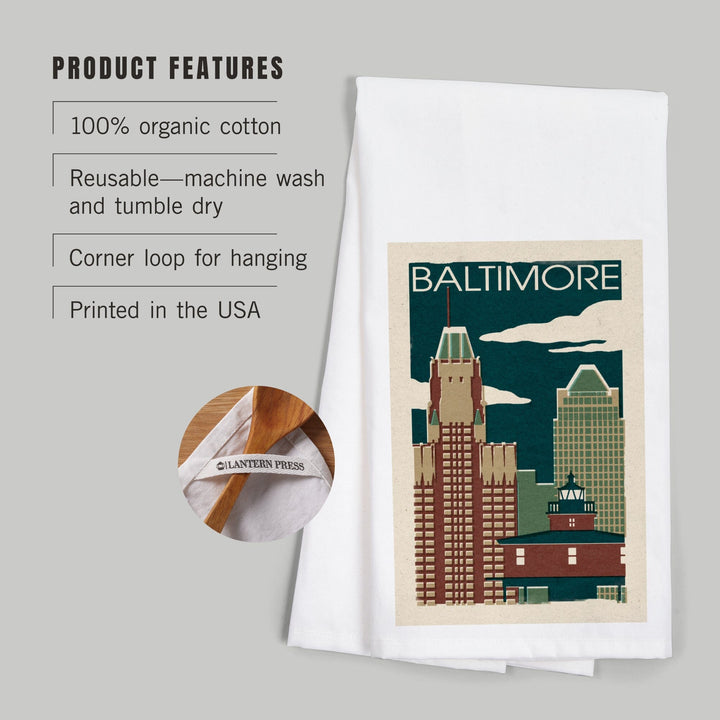 Baltimore, Maryland, Woodblock, Organic Cotton Kitchen Tea Towels Kitchen Lantern Press
