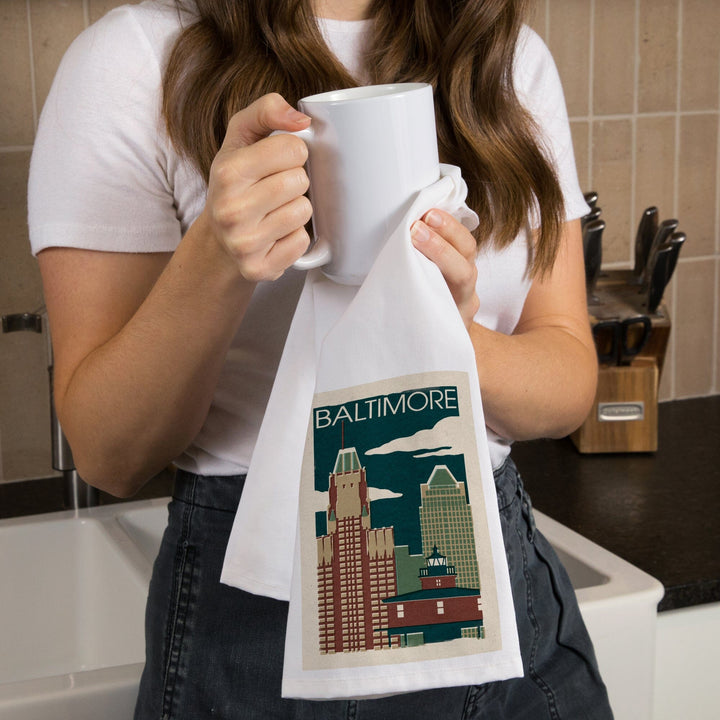 Baltimore, Maryland, Woodblock, Organic Cotton Kitchen Tea Towels Kitchen Lantern Press