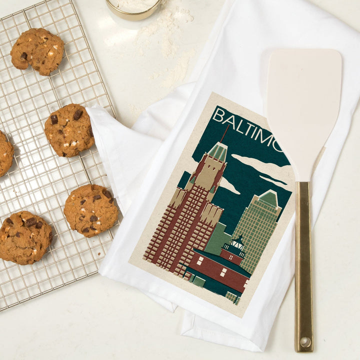 Baltimore, Maryland, Woodblock, Organic Cotton Kitchen Tea Towels Kitchen Lantern Press