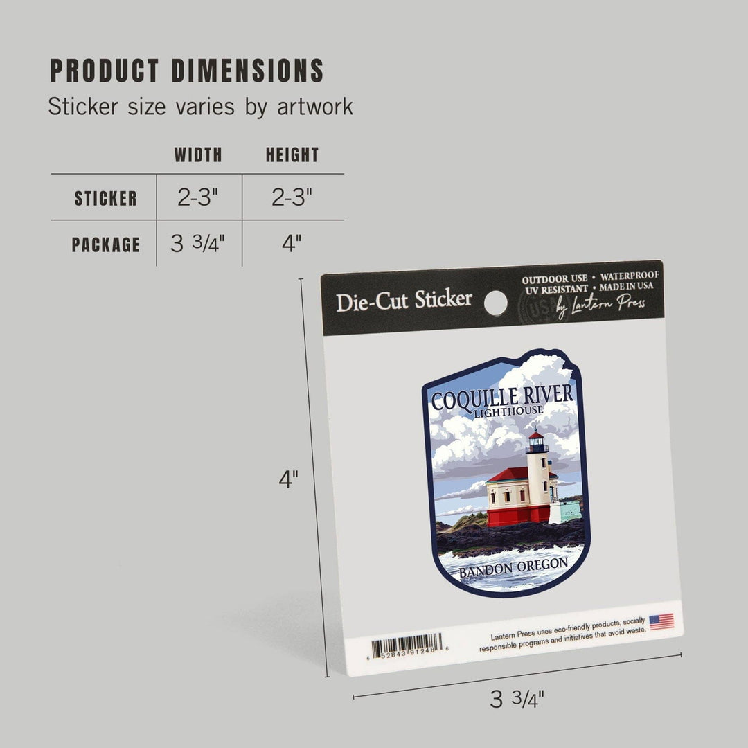Bandon, Oregon, Coquille River Lighthouse, Contour, Vinyl Sticker Sticker Lantern Press