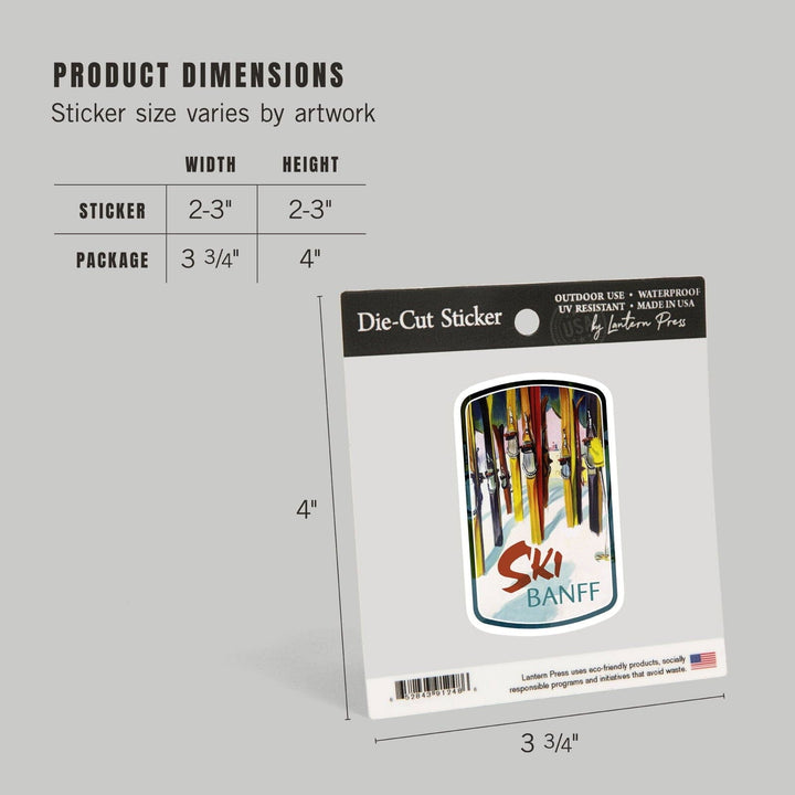 Banff, Canada, Ski, Colorful Skis, Contour, Vinyl Sticker Sticker Lantern Press