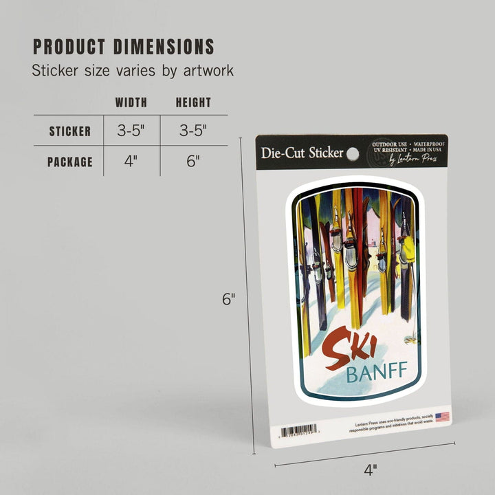 Banff, Canada, Ski, Colorful Skis, Contour, Vinyl Sticker Sticker Lantern Press