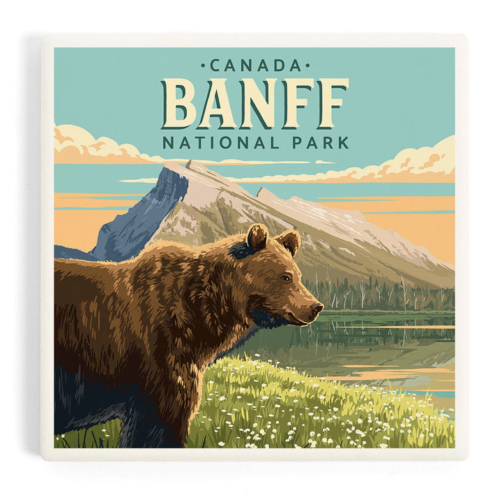 Banff National Park, Canada, Mount Rundle and Bear, Painterly, Coasters Coasters Lantern Press Coaster