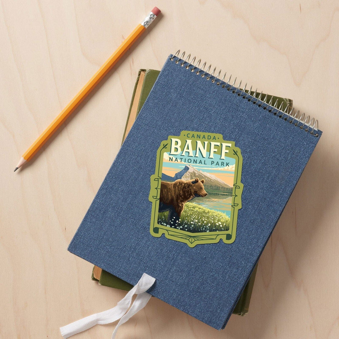 Banff National Park, Canada, Mount Rundle and Bear, Painterly, Contour, Vinyl Sticker Sticker Lantern Press
