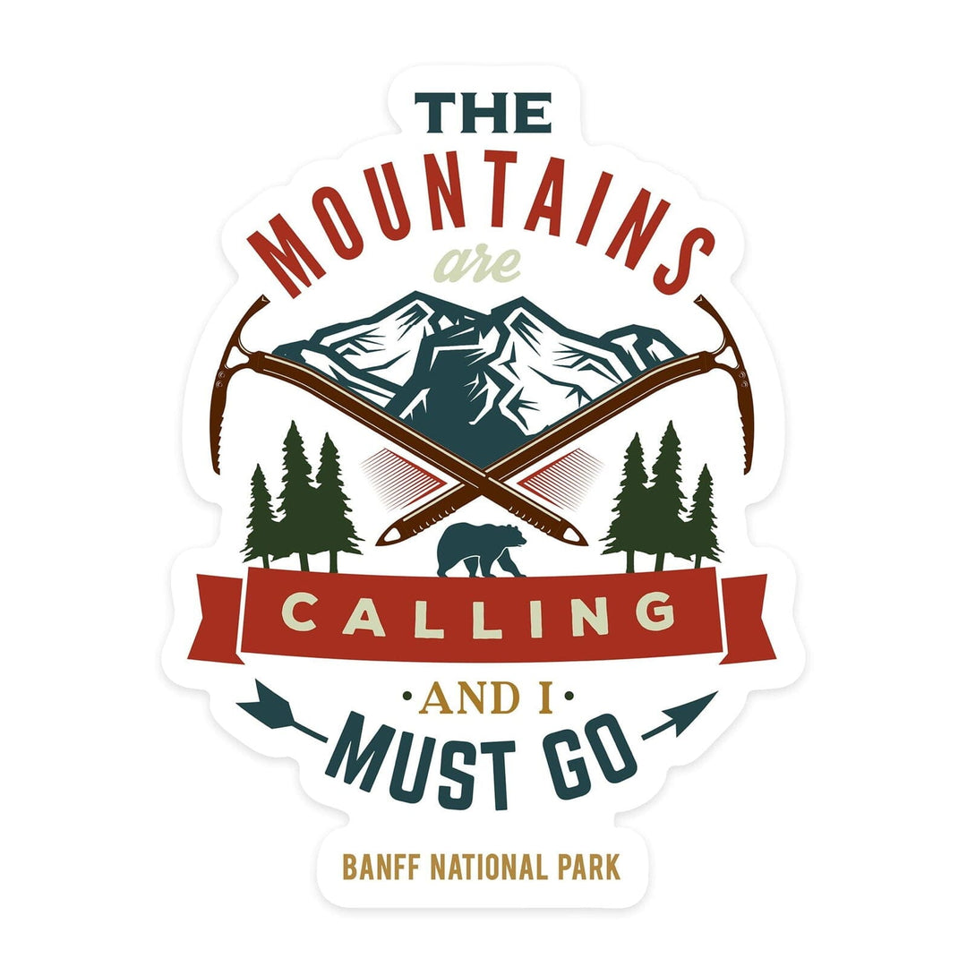 Banff National Park, Canada, The Mountains are Calling, Bear & Mountains, Contour, Lantern Press Artwork, Vinyl Sticker Sticker Lantern Press