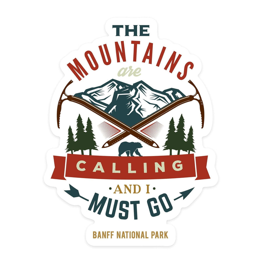 Banff National Park, Canada, The Mountains are Calling, Bear & Mountains, Contour, Lantern Press Artwork, Vinyl Sticker Sticker Lantern Press