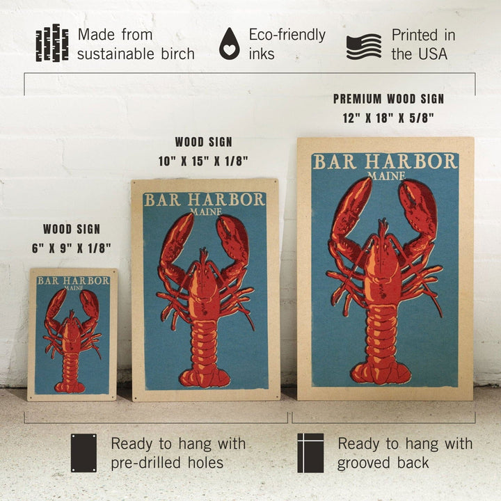 Bar Harbor, Maine, Lobster Woodblock, Lantern Press Artwork, Wood Signs and Postcards Wood Lantern Press