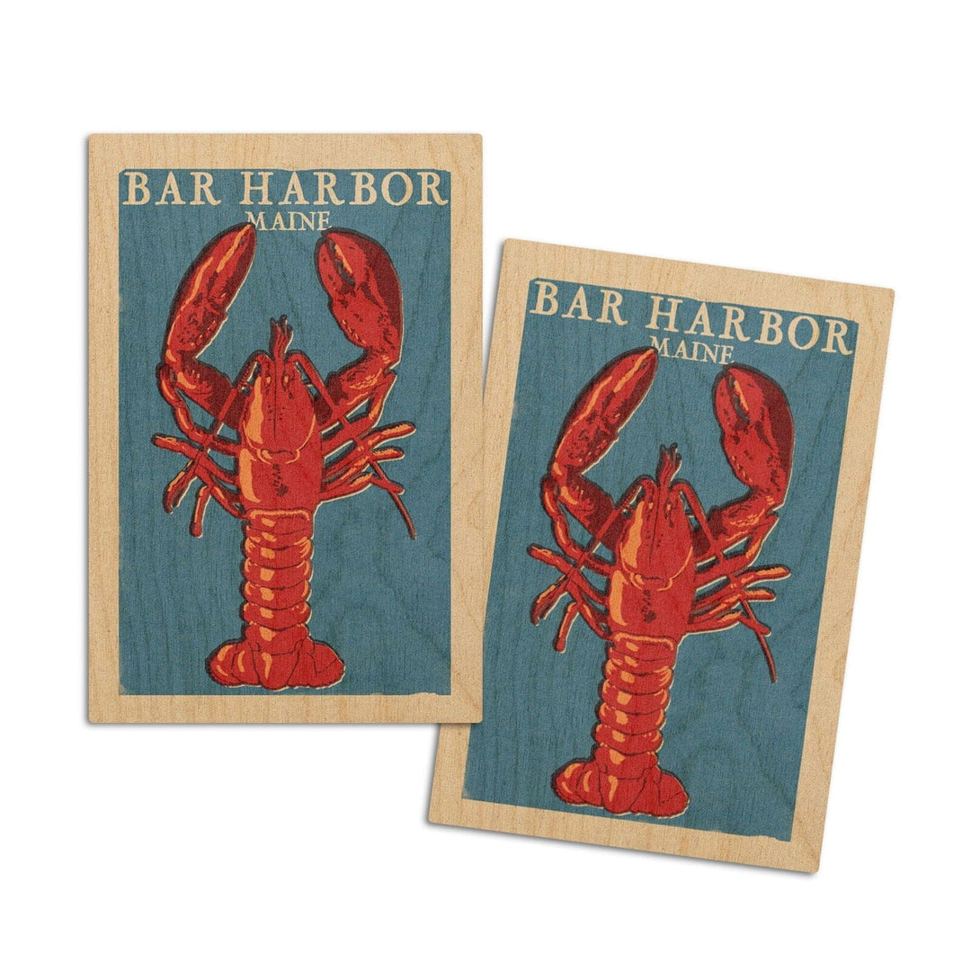 Bar Harbor, Maine, Lobster Woodblock, Lantern Press Artwork, Wood Signs and Postcards Wood Lantern Press 4x6 Wood Postcard Set