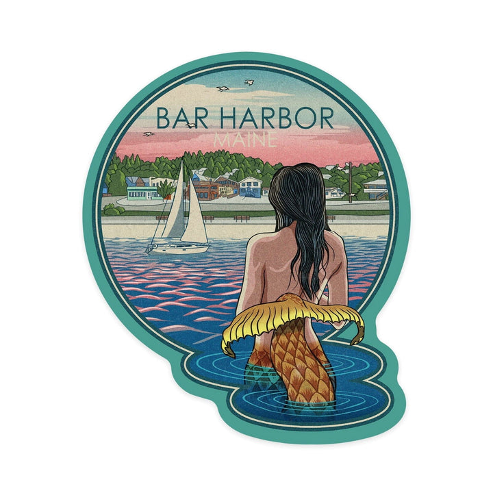 Bar Harbor, Maine, Mermaid & Beach, Contour, Lantern Press Artwork, Vinyl Sticker Sticker Lantern Press