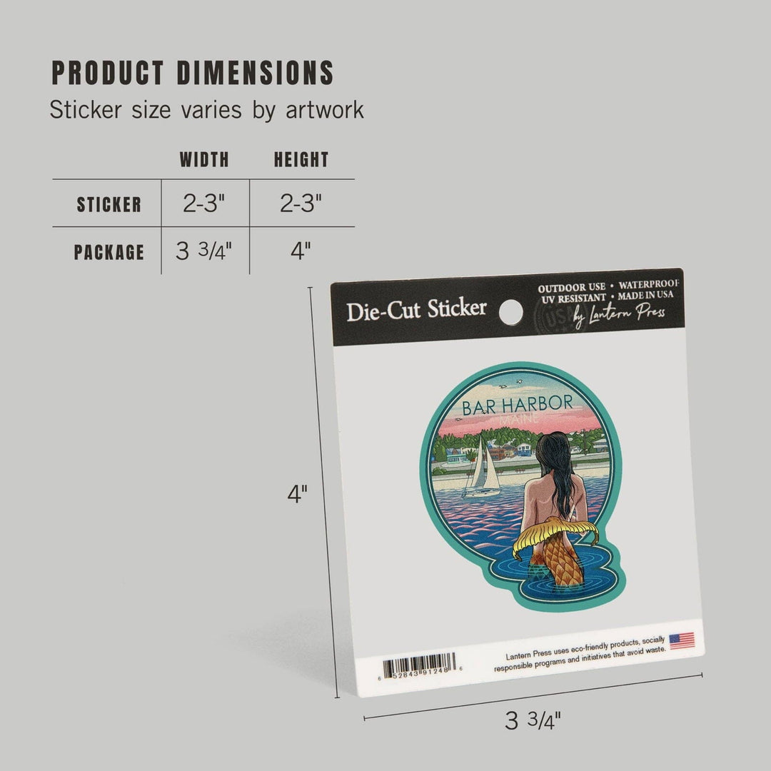 Bar Harbor, Maine, Mermaid & Beach, Contour, Lantern Press Artwork, Vinyl Sticker Sticker Lantern Press