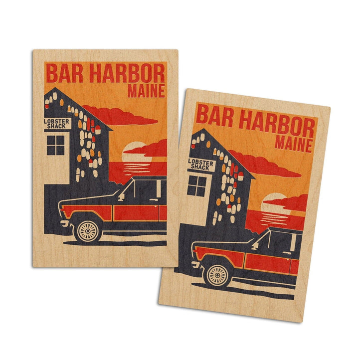 Bar Harbor, Maine, Woodblock, Lantern Press Artwork, Wood Signs and Postcards Wood Lantern Press 4x6 Wood Postcard Set