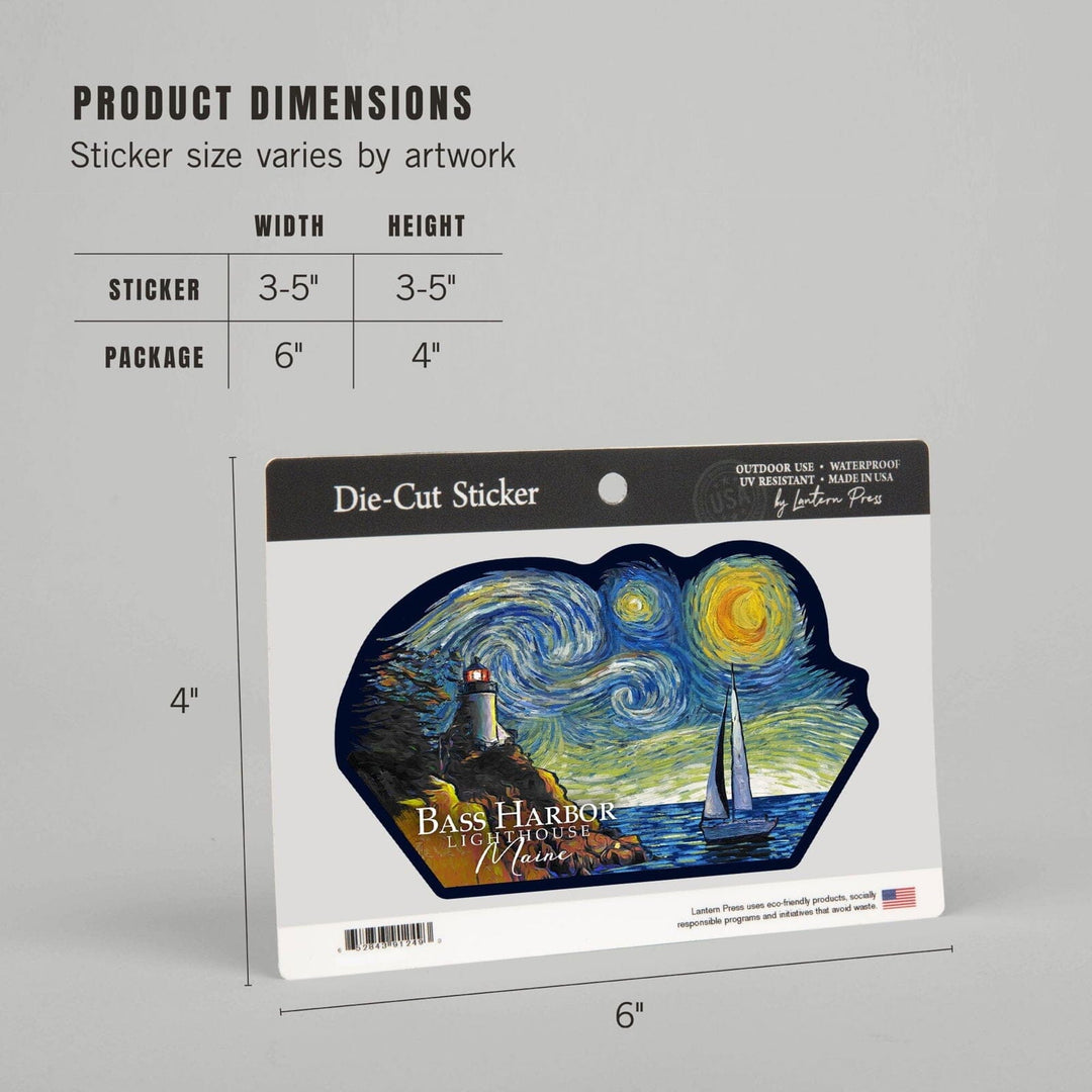 Bass Harbor Lighthouse, Maine, Starry Night, Contour, Lantern Press Artwork, Vinyl Sticker Sticker Lantern Press