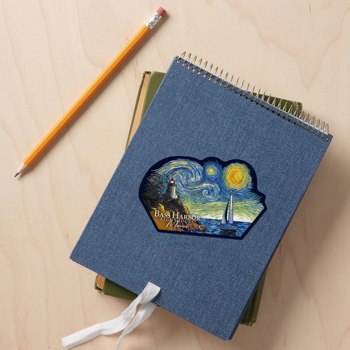 Bass Harbor Lighthouse, Maine, Starry Night, Contour, Lantern Press Artwork, Vinyl Sticker Sticker Lantern Press