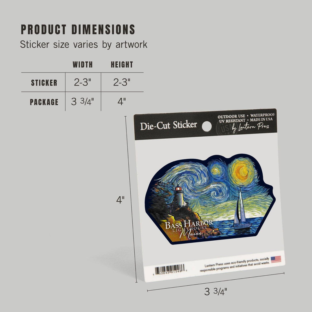 Bass Harbor Lighthouse, Maine, Starry Night, Contour, Lantern Press Artwork, Vinyl Sticker Sticker Lantern Press