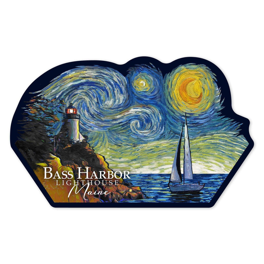 Bass Harbor Lighthouse, Maine, Starry Night, Contour, Lantern Press Artwork, Vinyl Sticker Sticker Lantern Press