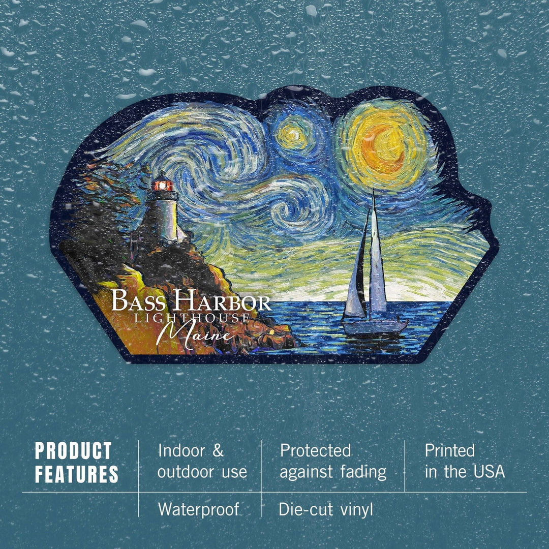 Bass Harbor Lighthouse, Maine, Starry Night, Contour, Lantern Press Artwork, Vinyl Sticker Sticker Lantern Press