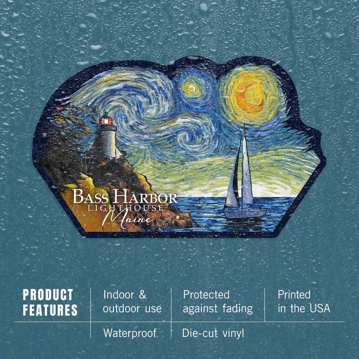 Bass Harbor Lighthouse, Maine, Starry Night, Contour, Lantern Press Artwork, Vinyl Sticker Sticker Lantern Press