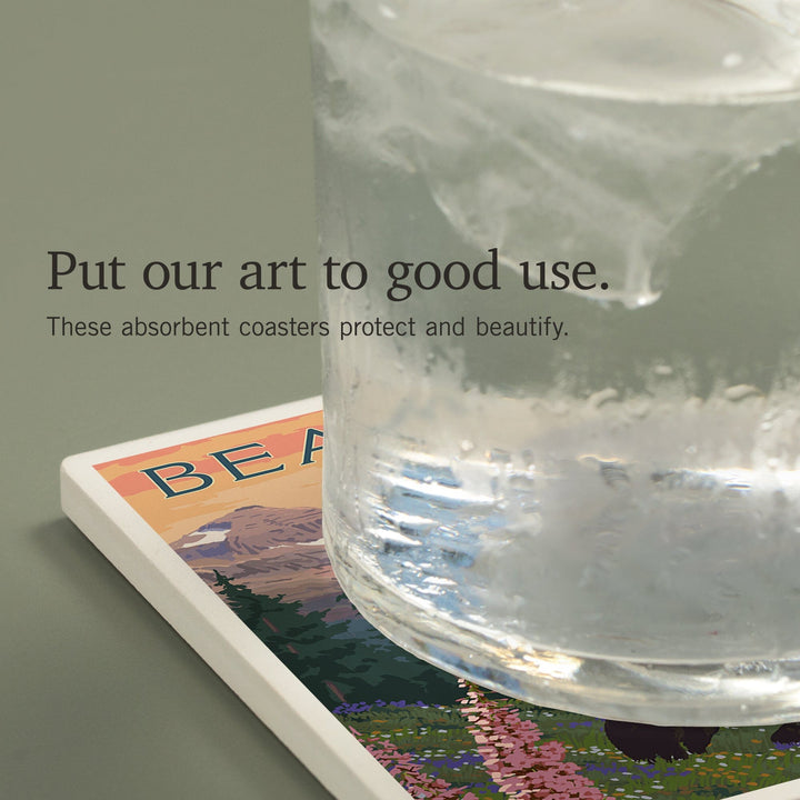 Beartooth, Montana, Painterly, Bear and Spring Flowers, Coasters Coasters Lantern Press