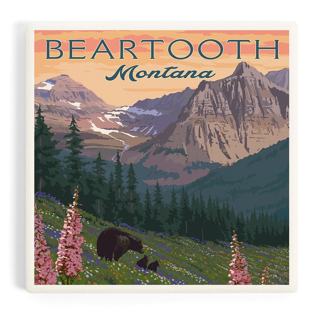 Beartooth, Montana, Painterly, Bear and Spring Flowers, Coasters Coasters Lantern Press Coaster