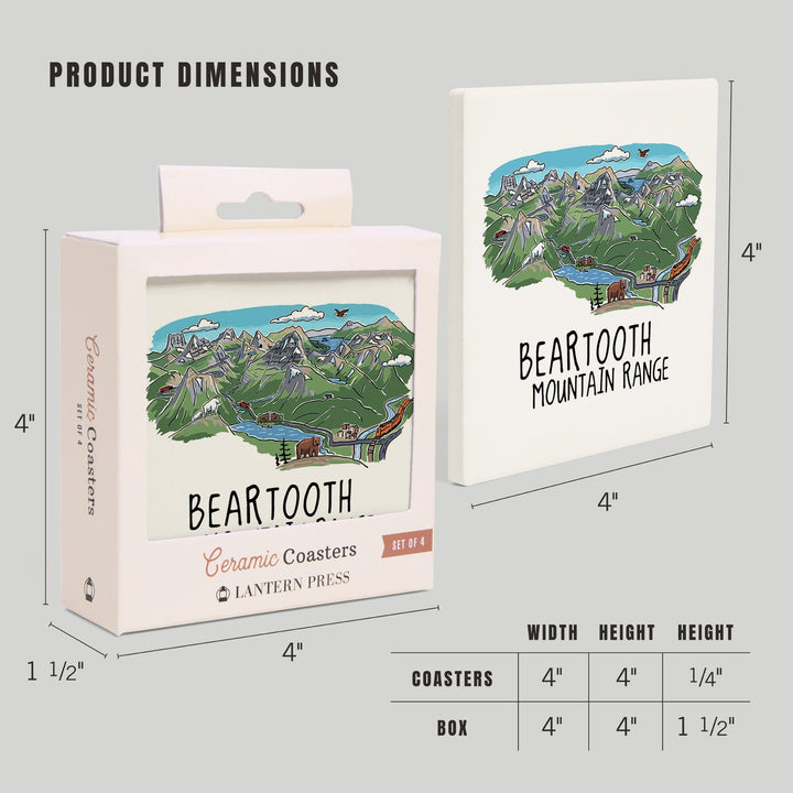 Beartooth Mountain Range, Montana, Line Drawing, Coasters Coasters Lantern Press