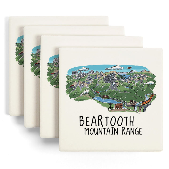Beartooth Mountain Range, Montana, Line Drawing, Coasters Coasters Lantern Press