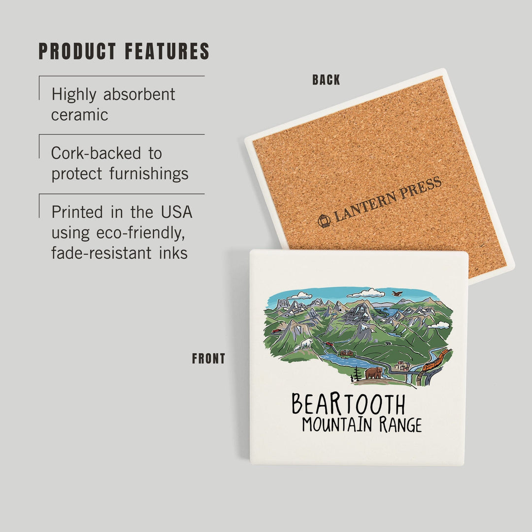 Beartooth Mountain Range, Montana, Line Drawing, Coasters Coasters Lantern Press