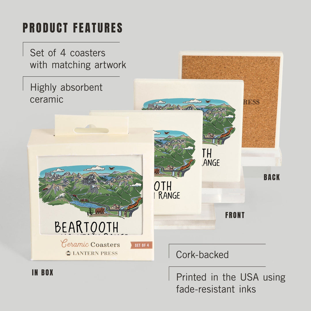 Beartooth Mountain Range, Montana, Line Drawing, Coasters Coasters Lantern Press