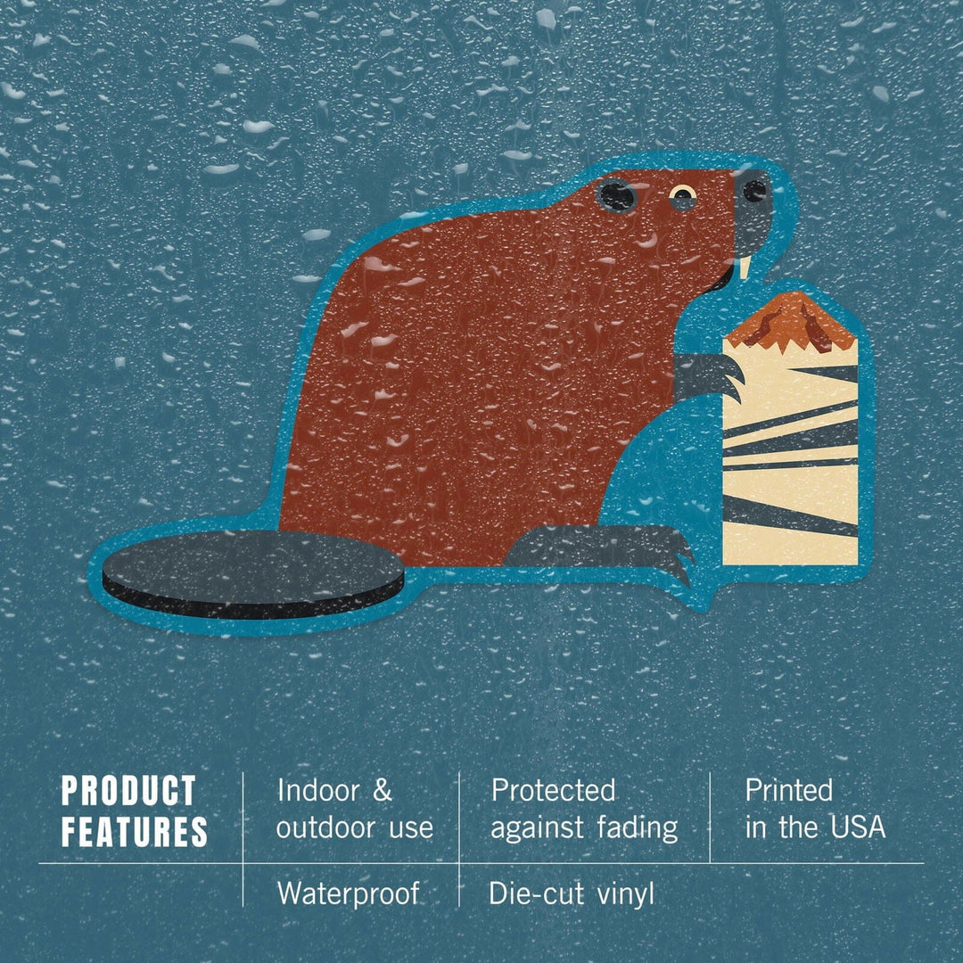 Beaver and Log, Geometric, Contour, Lantern Press Artwork, Vinyl Sticker Sticker Lantern Press