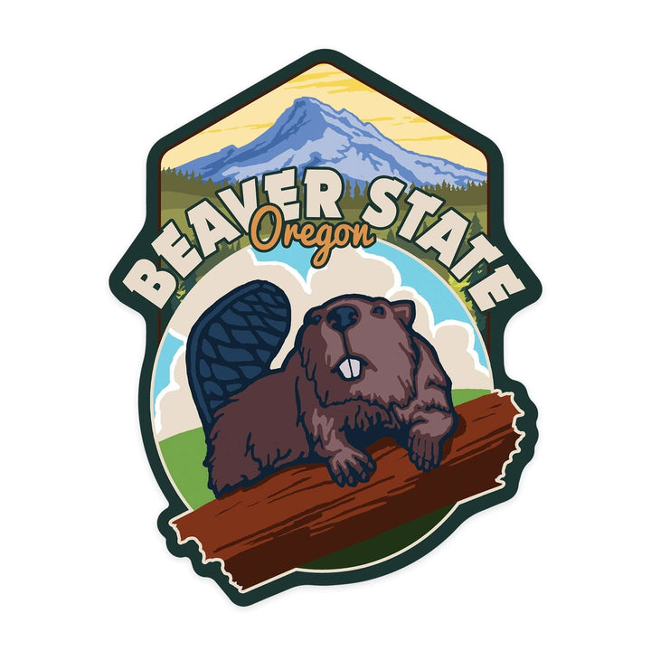 Beaver State, Oregon, Beaver & Mountain, Contour, Lantern Press Artwork, Vinyl Sticker Sticker Lantern Press