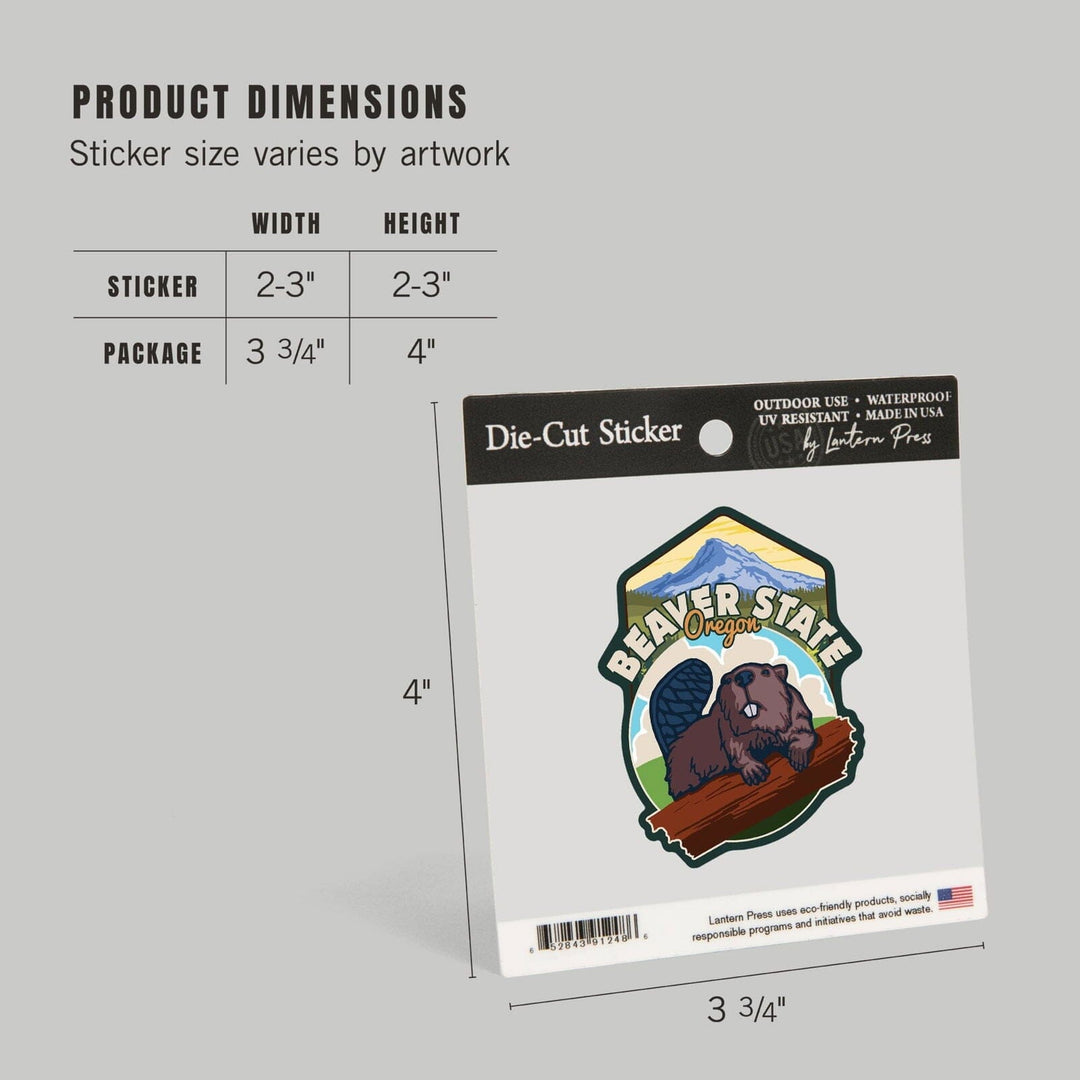 Beaver State, Oregon, Beaver & Mountain, Contour, Lantern Press Artwork, Vinyl Sticker Sticker Lantern Press