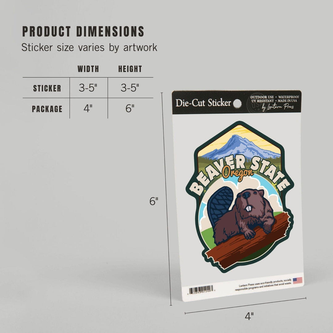 Beaver State, Oregon, Beaver & Mountain, Contour, Lantern Press Artwork, Vinyl Sticker Sticker Lantern Press