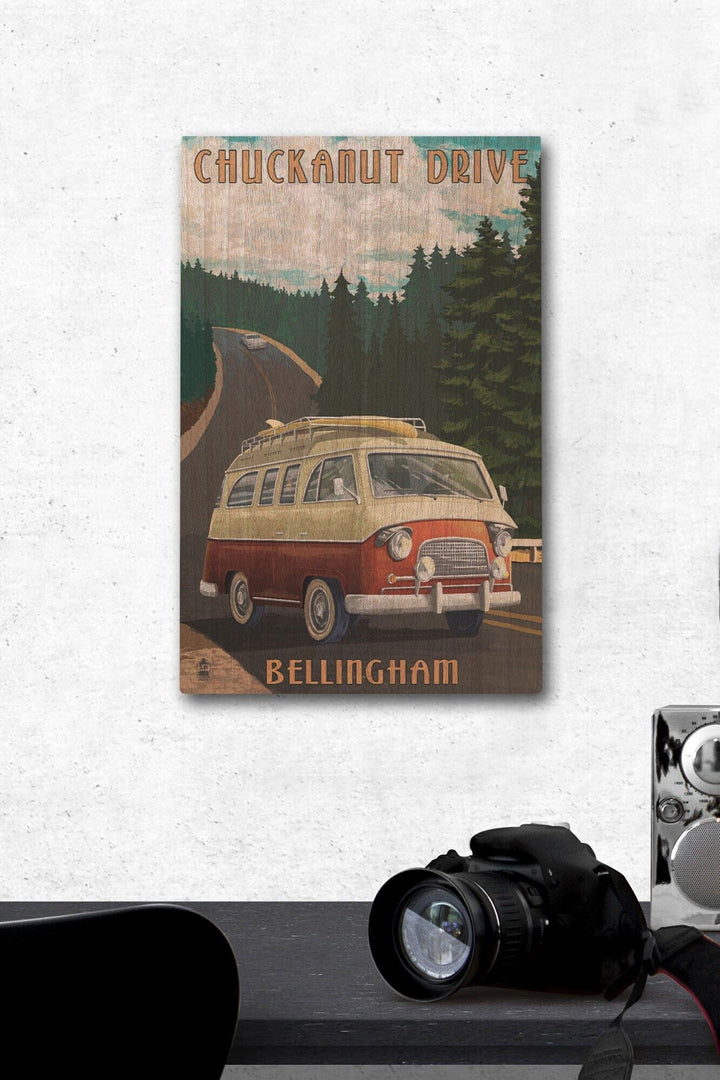 Bellingham, Washington, Chuckanut Drive, Camper Van, Lantern Press Artwork, Wood Signs and Postcards Wood Lantern Press 12 x 18 Wood Gallery Print