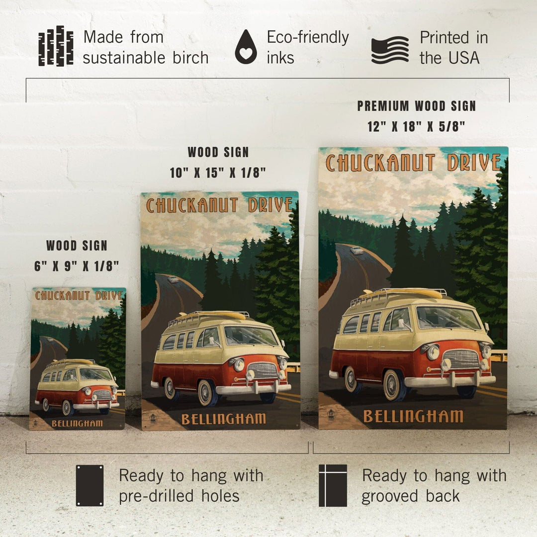 Bellingham, Washington, Chuckanut Drive, Camper Van, Lantern Press Artwork, Wood Signs and Postcards Wood Lantern Press