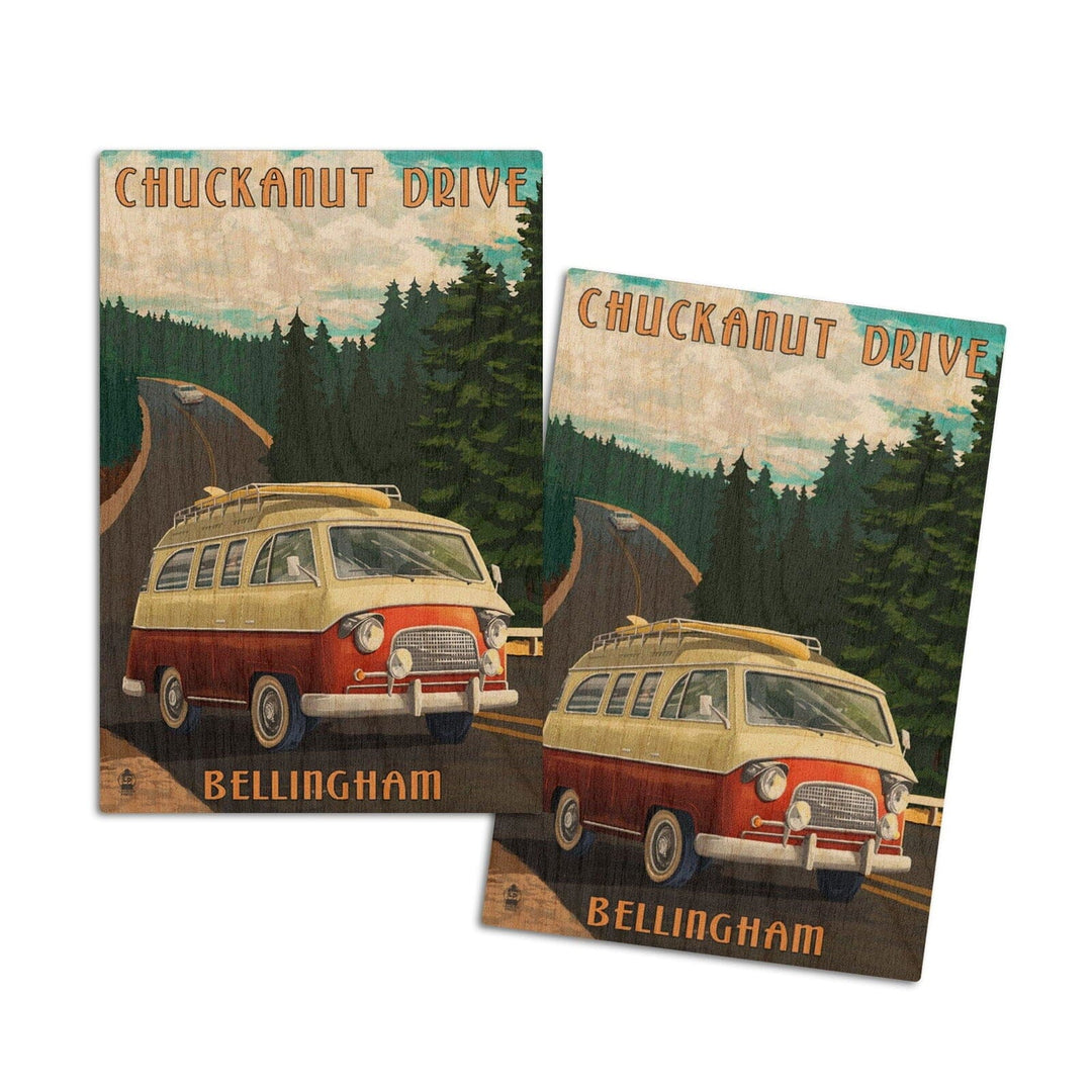 Bellingham, Washington, Chuckanut Drive, Camper Van, Lantern Press Artwork, Wood Signs and Postcards Wood Lantern Press 4x6 Wood Postcard Set