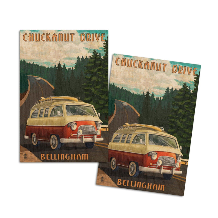 Bellingham, Washington, Chuckanut Drive, Camper Van, Lantern Press Artwork, Wood Signs and Postcards Wood Lantern Press 4x6 Wood Postcard Set