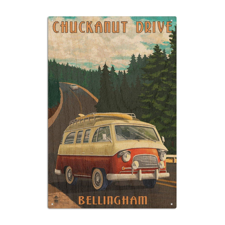 Bellingham, Washington, Chuckanut Drive, Camper Van, Lantern Press Artwork, Wood Signs and Postcards Wood Lantern Press 6x9 Wood Sign